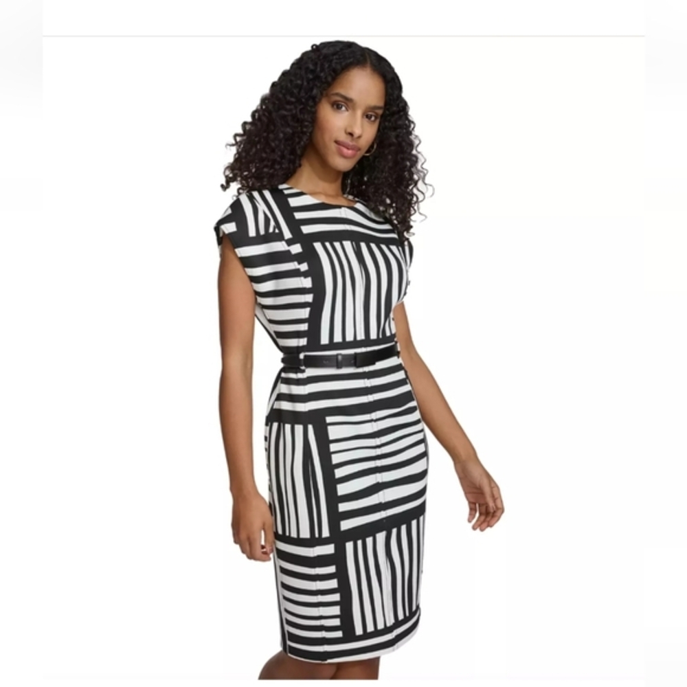 Calvin Klein white ivory black‎ scuba fit cap sleeve belted sheath dress size 6